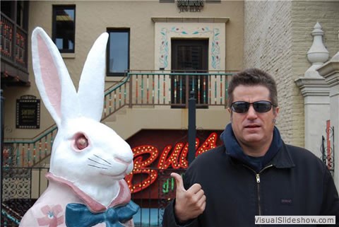 Bassist Cory Corbino meets the Easter Bunny; Kansas City, 2009; Photo by Albane